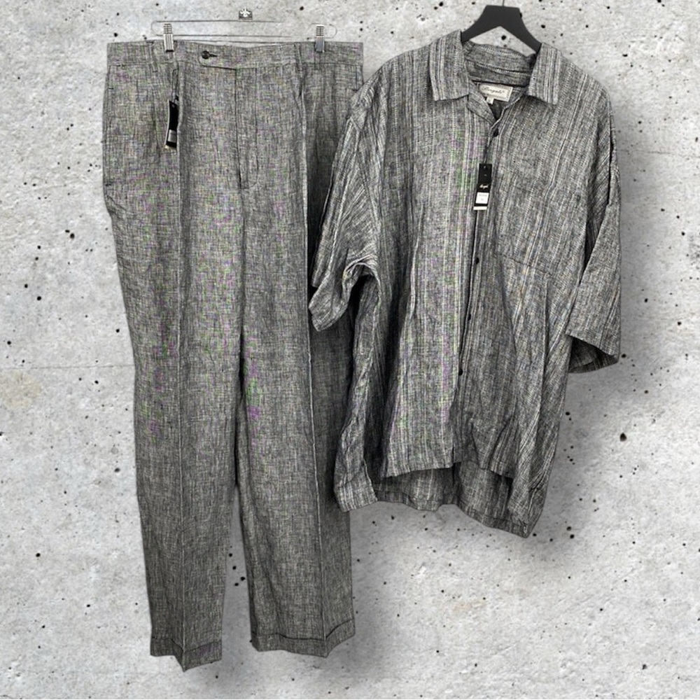 Bergati Linen Button Up Shirt‎ Pant Set Mens 3XL 42 Pleated Wide Leg Coastal